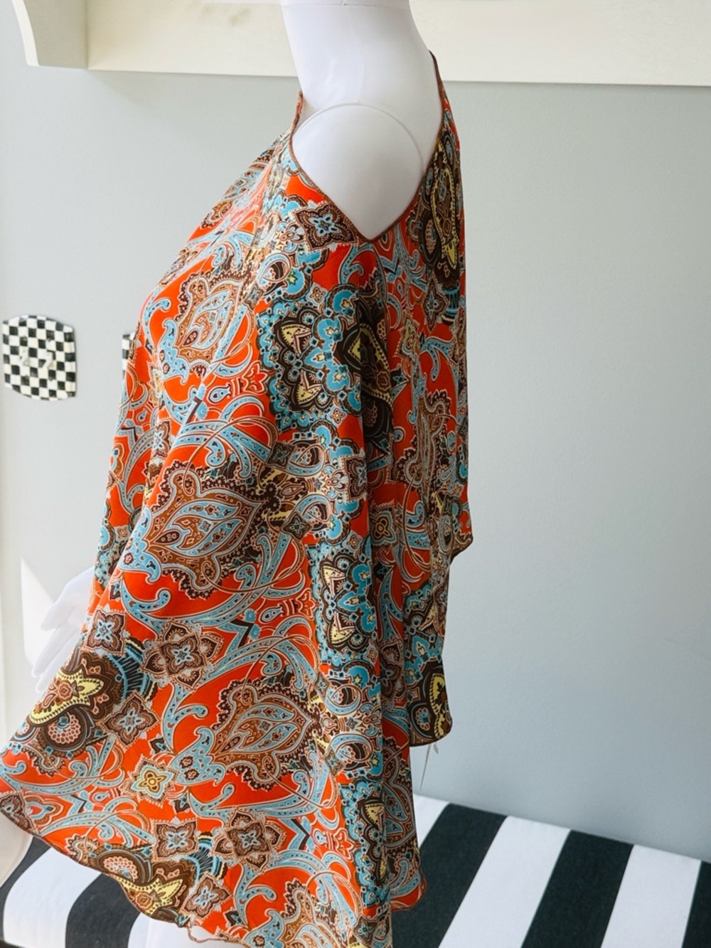 C3 Vibrant Orange & Turquoise Paisley Silk Multi-Style Poncho Top Blouse-1 Size - Picture 5 of 11
